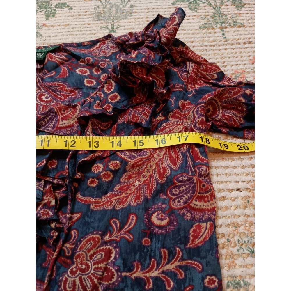 Lauren Ralph Lauren Paisley Ruffle Tie Neck Boho Blouse Lightweight XS - Picture 7 of 9